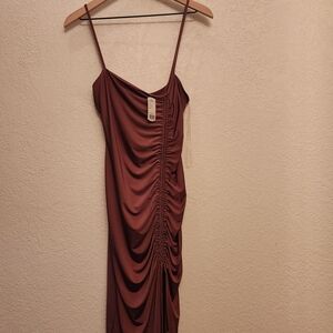 Chic Ruched Midi Dress in Rich Brown